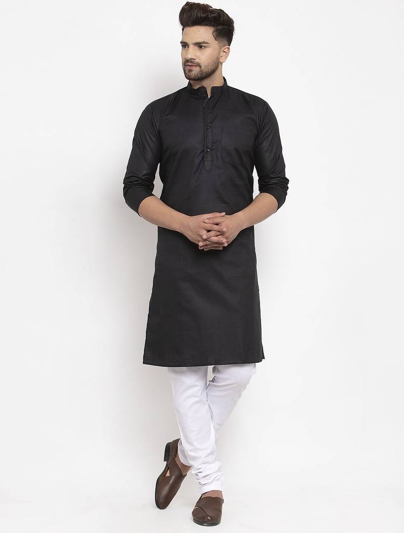 Black solid cotton blend straight kurta for men