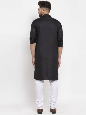 Black solid cotton blend straight kurta for men 2
