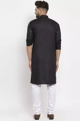 Black solid cotton blend straight kurta for men