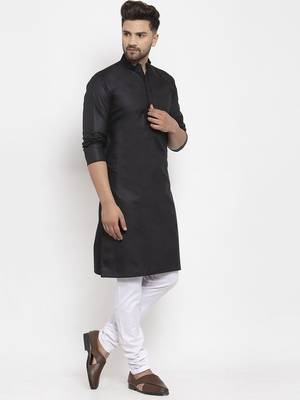 Black solid cotton blend straight kurta for men 3