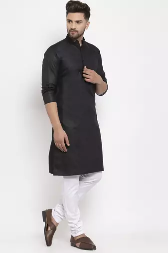 Black solid cotton blend straight kurta for men