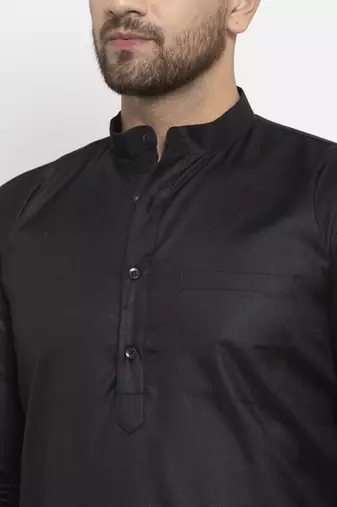 Black solid cotton blend straight kurta for men