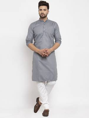 Grey solid cotton blend straight kurta for men 1