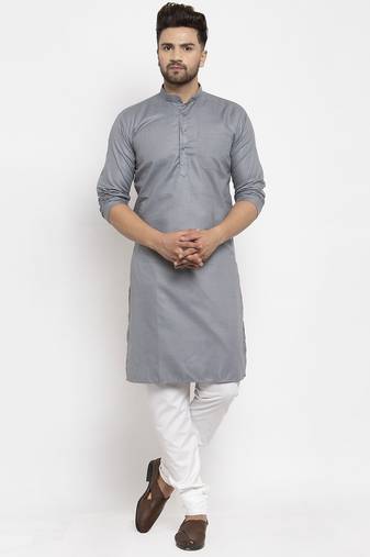 Grey solid cotton blend straight kurta for men