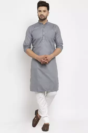 Grey solid cotton blend straight kurta for men