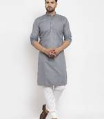 Grey solid cotton blend straight kurta for men