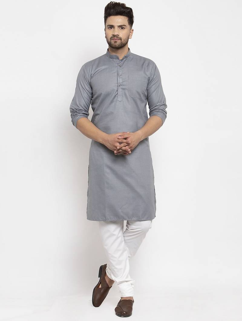 Grey solid cotton blend straight kurta for men