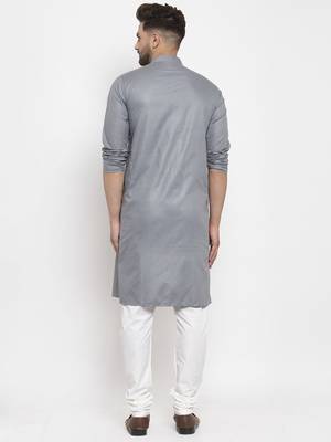 Grey solid cotton blend straight kurta for men 2