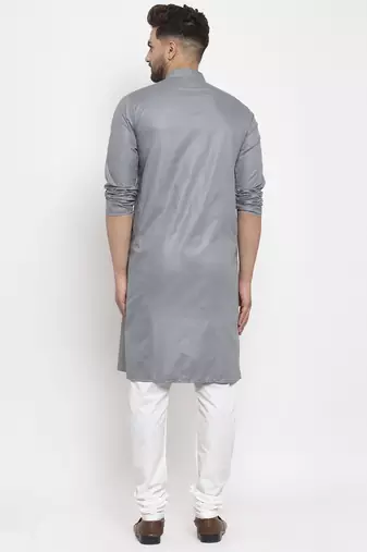 Grey solid cotton blend straight kurta for men
