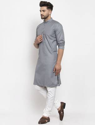 Grey solid cotton blend straight kurta for men 3