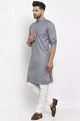 Grey solid cotton blend straight kurta for men