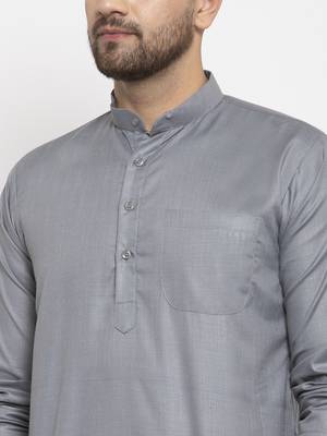 Grey solid cotton blend straight kurta for men 4