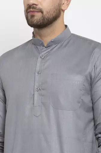 Grey solid cotton blend straight kurta for men