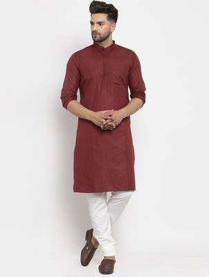 Maroon solid cotton blend straight kurta for men 1