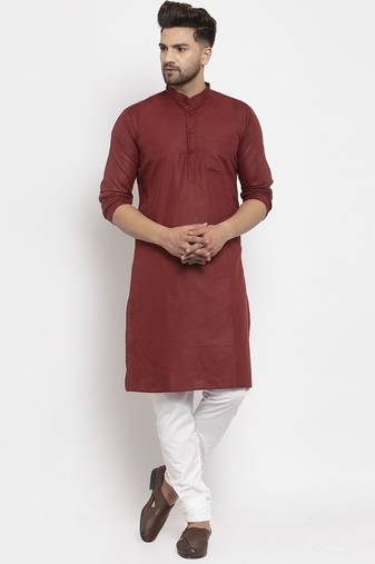 Maroon solid cotton blend straight kurta for men
