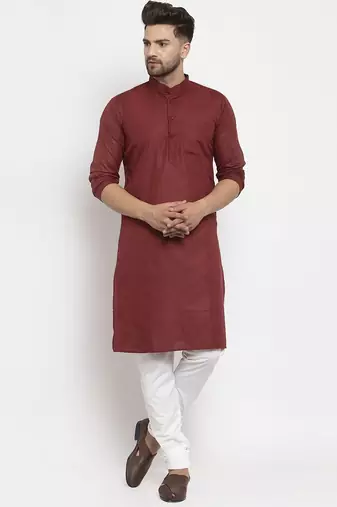 Maroon solid cotton blend straight kurta for men