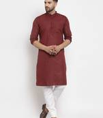 Maroon solid cotton blend straight kurta for men