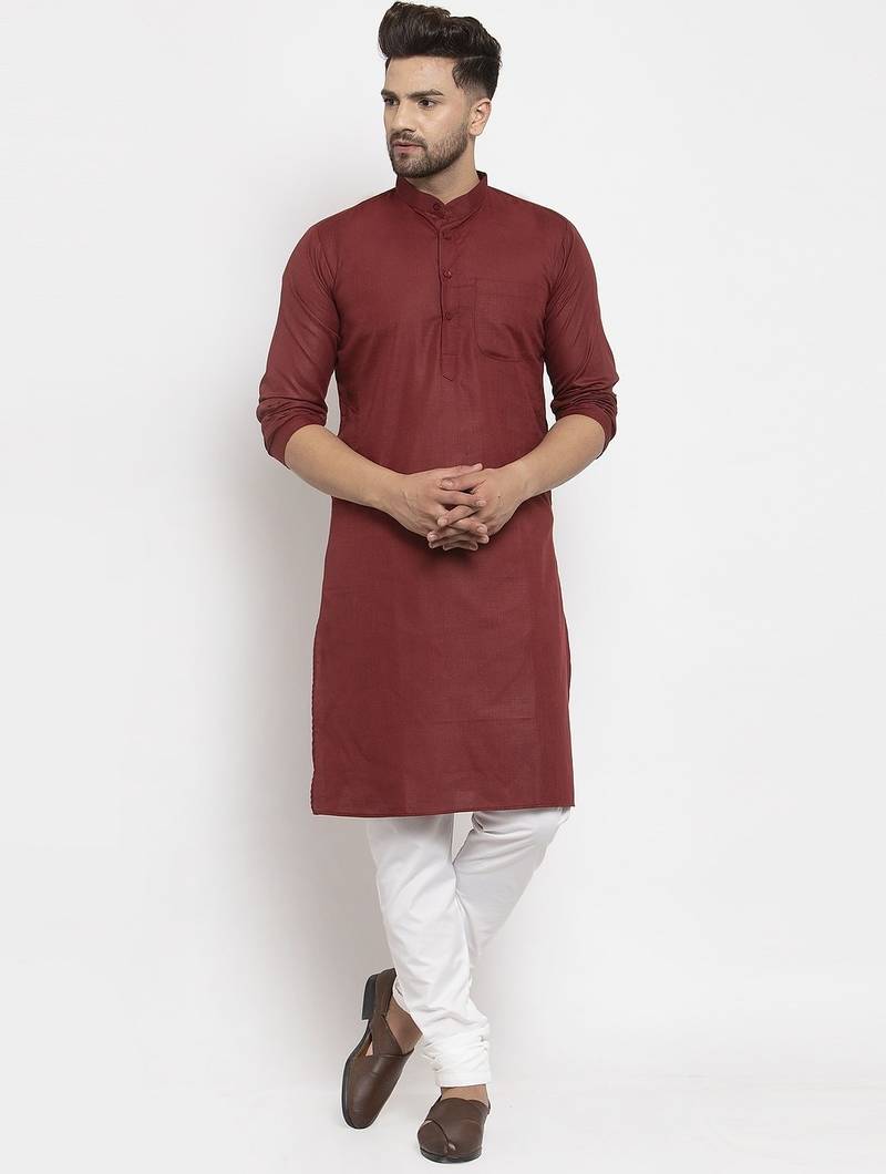 Maroon solid cotton blend straight kurta for men