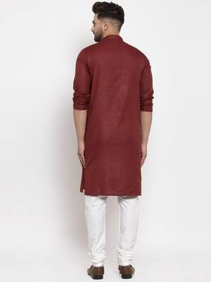 Maroon solid cotton blend straight kurta for men 2