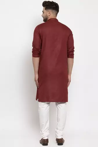Maroon solid cotton blend straight kurta for men