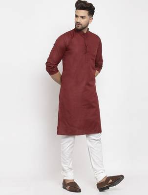 Maroon solid cotton blend straight kurta for men 3