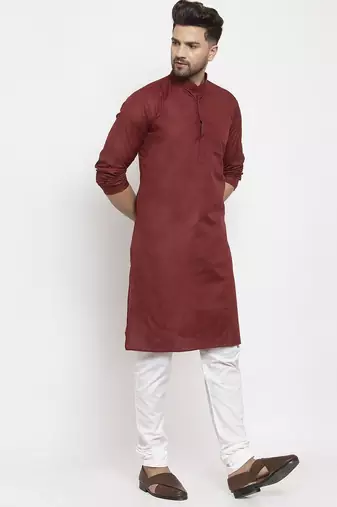 Maroon solid cotton blend straight kurta for men
