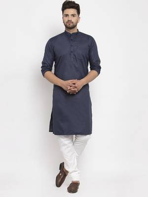 Navyblue solid cotton blend straight kurta for men 1