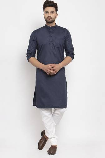 Navyblue solid cotton blend straight kurta for men