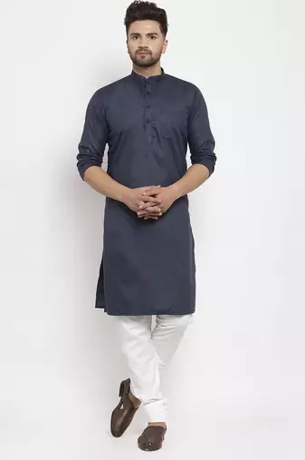 Navyblue solid cotton blend straight kurta for men