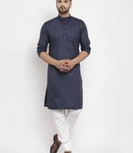 Navyblue solid cotton blend straight kurta for men