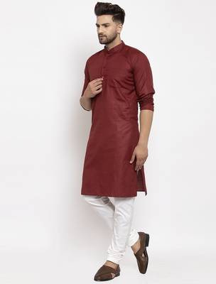 Maroon solid cotton blend straight kurta for men 4