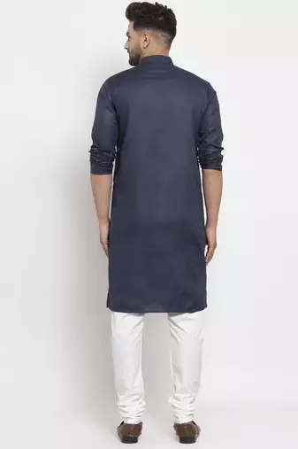 Navyblue solid cotton blend straight kurta for men