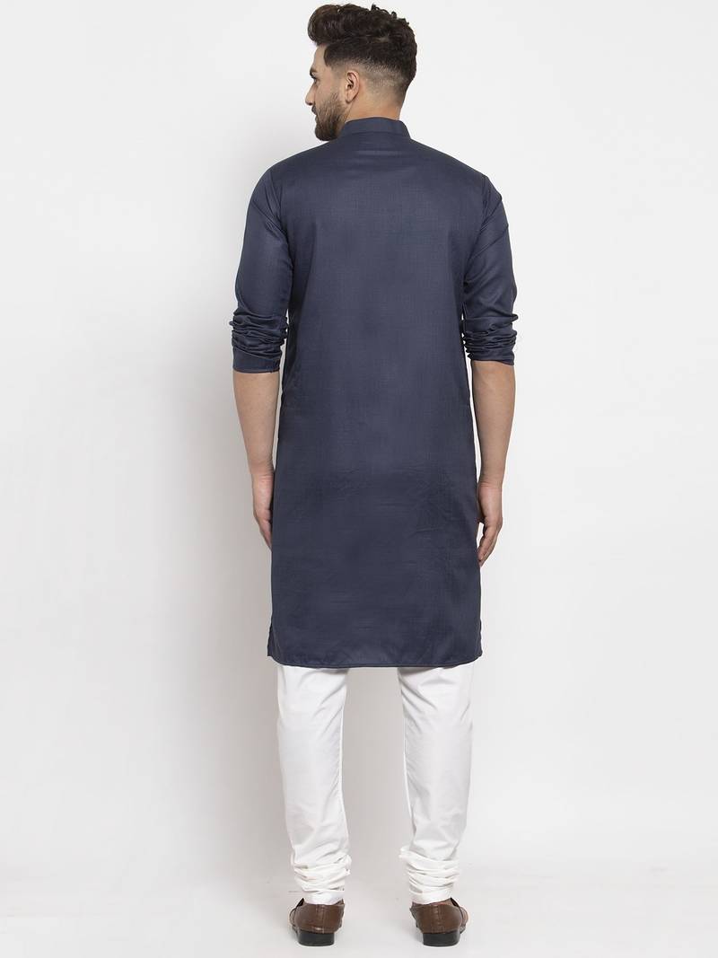 Navyblue solid cotton blend straight kurta for men
