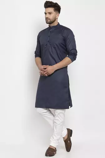 Navyblue solid cotton blend straight kurta for men