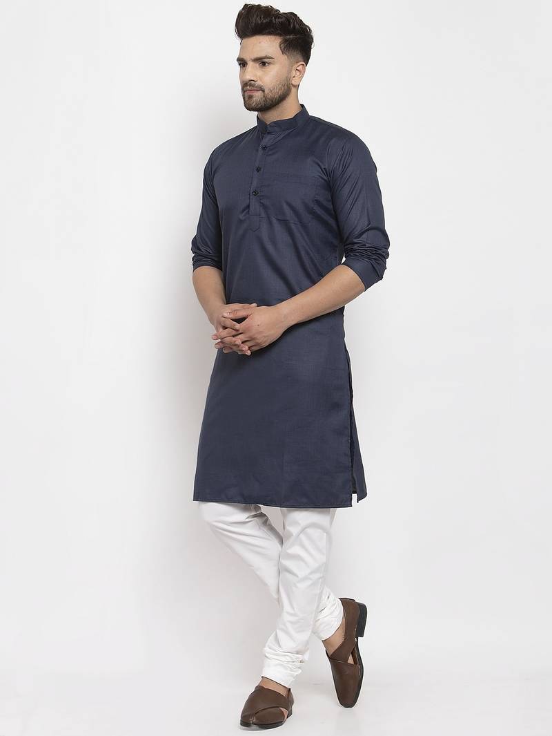Navyblue solid cotton blend straight kurta for men
