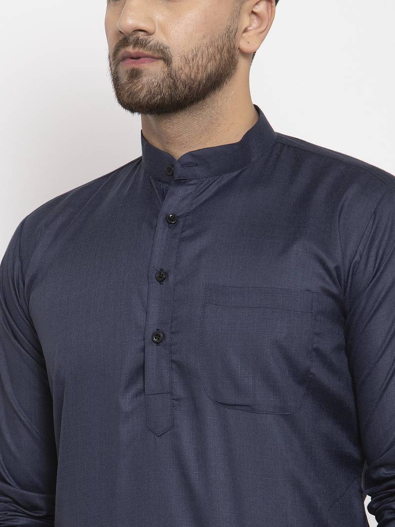 Navyblue solid cotton blend straight kurta for men