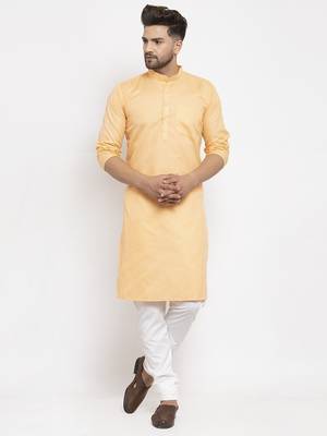 Peach solid cotton blend straight kurta for men 1