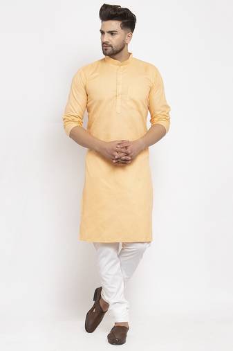 Peach solid cotton blend straight kurta for men