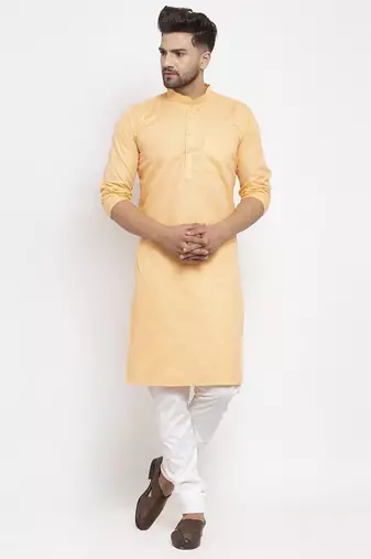 Peach solid cotton blend straight kurta for men