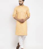 Peach solid cotton blend straight kurta for men