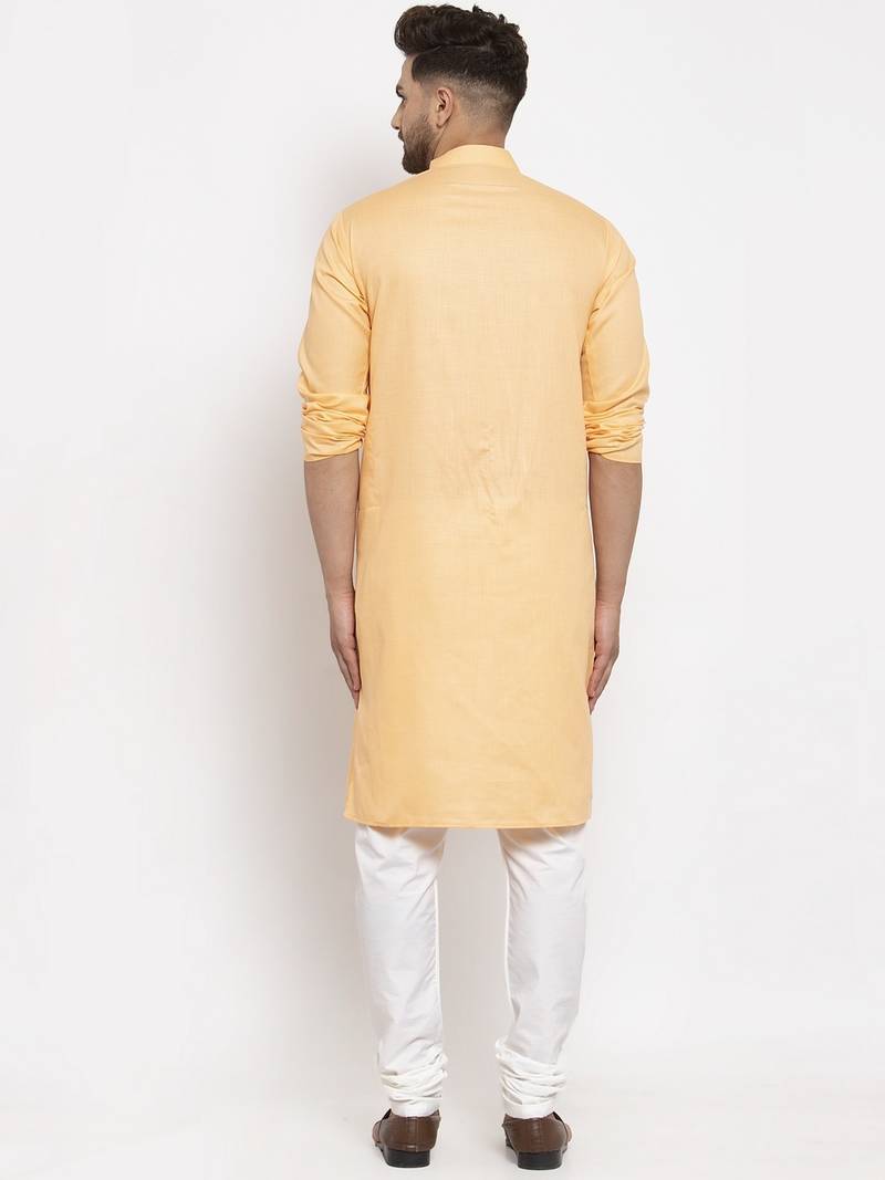 Peach solid cotton blend straight kurta for men