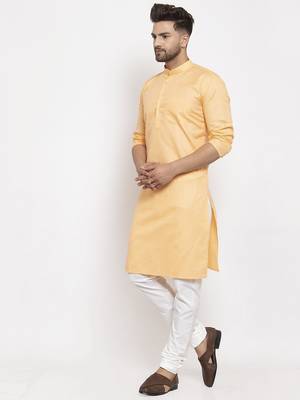 Peach solid cotton blend straight kurta for men 3