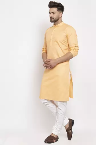 Peach solid cotton blend straight kurta for men
