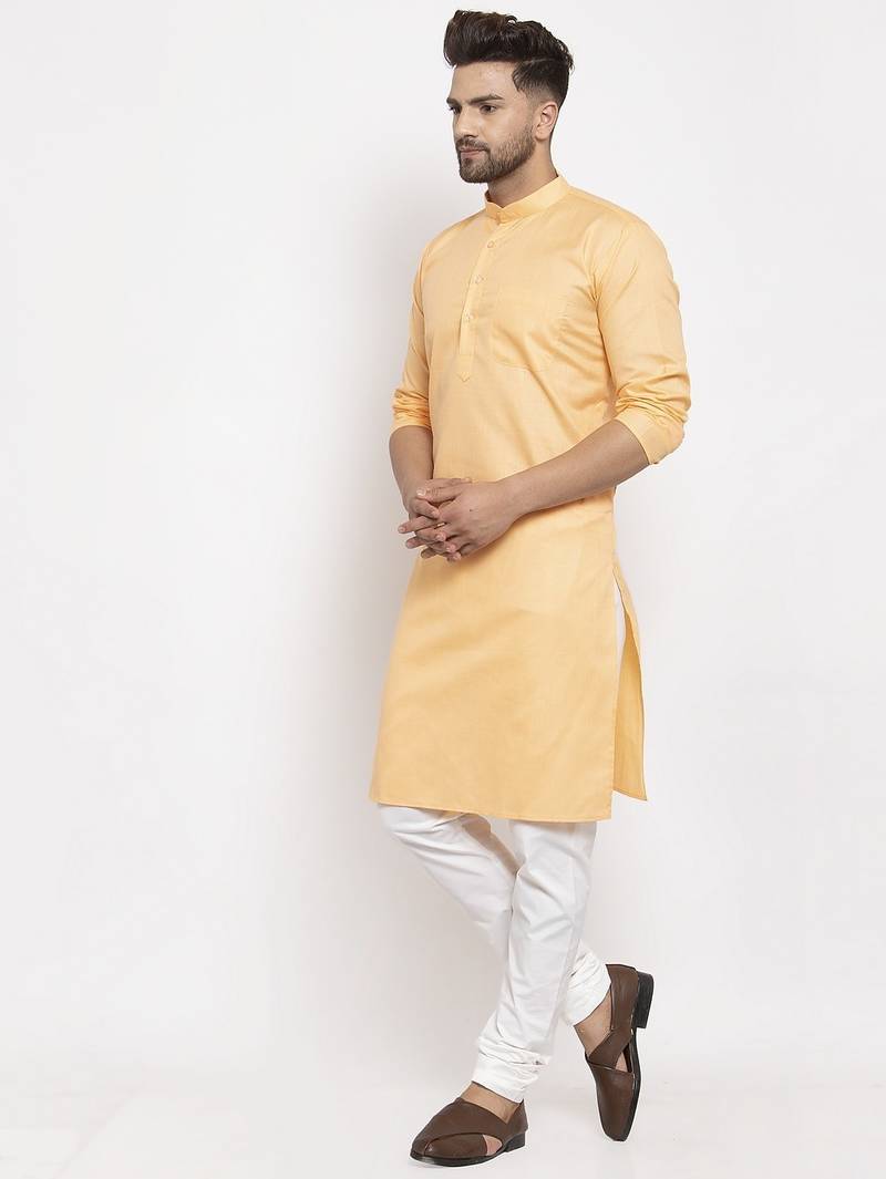 Peach solid cotton blend straight kurta for men