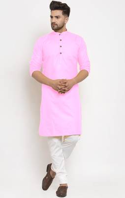 Pink solid cotton blend straight kurta for men 1