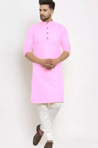 Pink solid cotton blend straight kurta for men