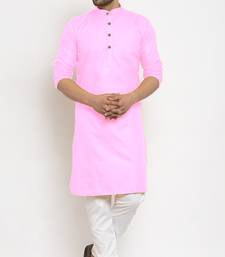 Pink solid cotton blend straight kurta for men