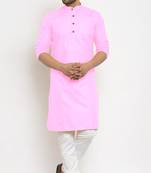 Pink solid cotton blend straight kurta for men