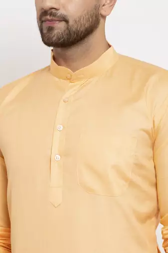 Peach solid cotton blend straight kurta for men