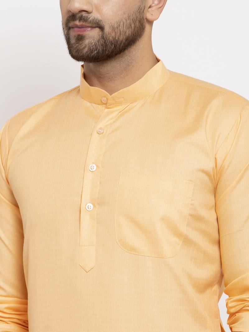 Peach solid cotton blend straight kurta for men